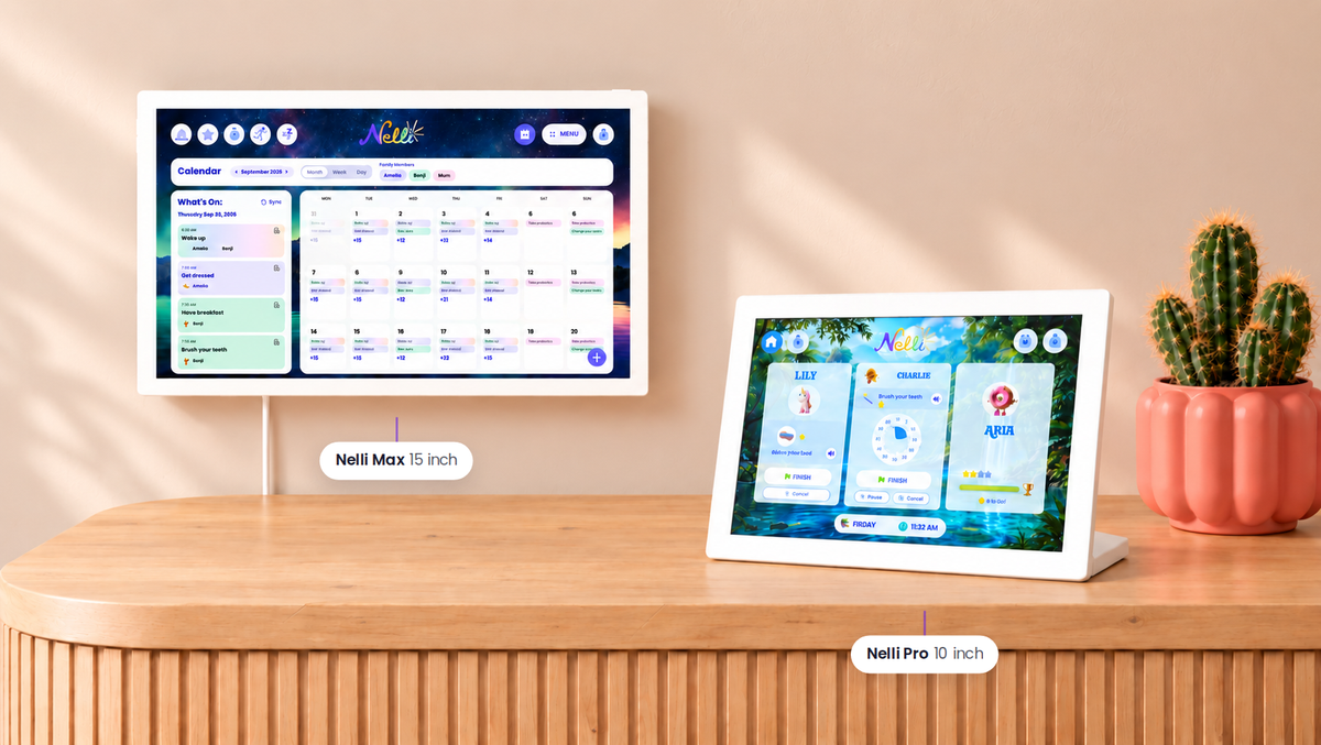 Nelli Max mounted on a wall showing the family calendar, beside Nelli Pro on a sideboard showing three children's routines